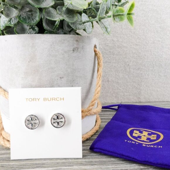 Tory Burch Logo Circle Stud Earrings Silver OS - Picture 2 of 14